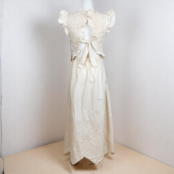 NWT Moon River Ruffled Smocked Eyelet Midi Dress in Cream - Picture 6 of 10